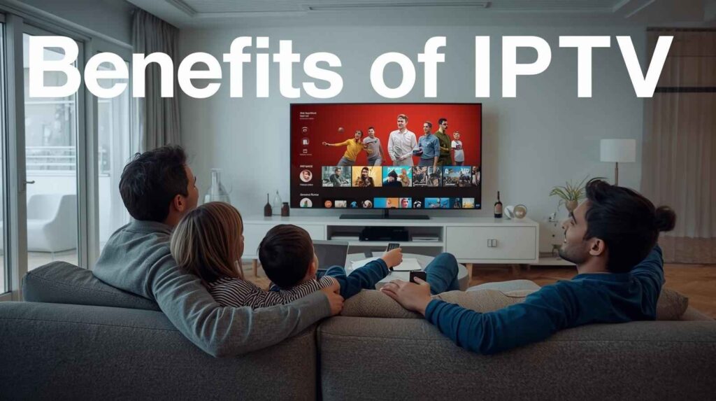 A family of three is sitting on a couch watching a TV with a streaming service menu. Large text on the image reads, "Benefits of IPTV."