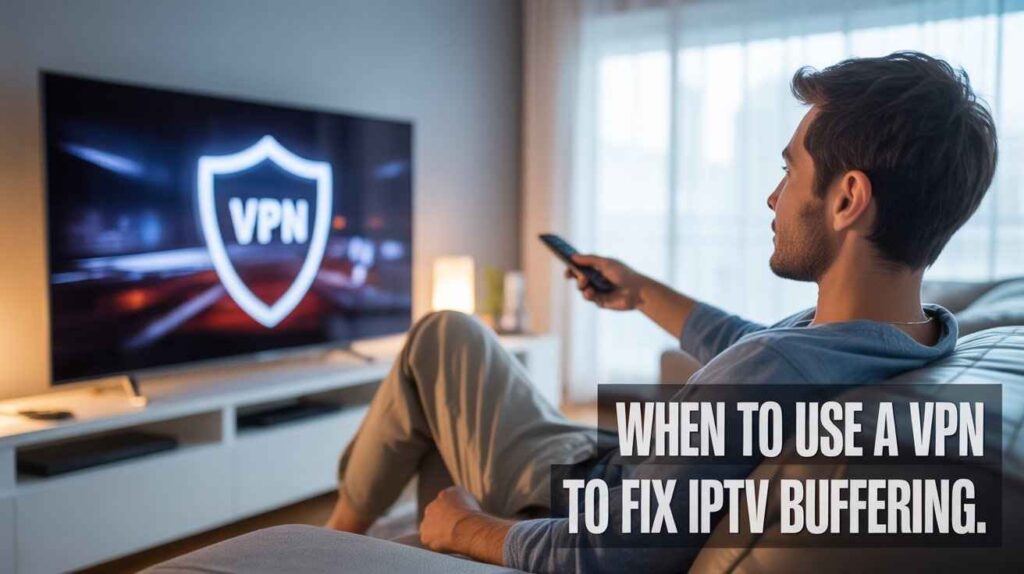 The provided image shows a man relaxing on a couch, holding a remote control and watching a large TV. The TV screen displays a logo with "VPN" inside a shield. The image has a large, bold text overlay that reads "WHEN TO USE A VPN TO FIX IPTV BUFFERING."