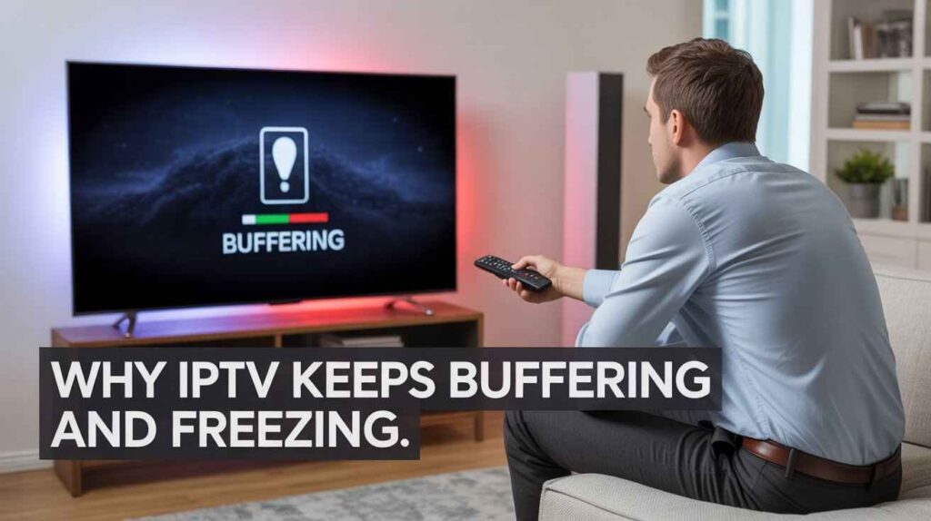 A man is sitting on a couch, holding a remote, and looking at a TV screen that shows a "BUFFERING" message. The text "HOW TO FIX IPTV BUFFERING" is prominently displayed at the bottom of the image.

