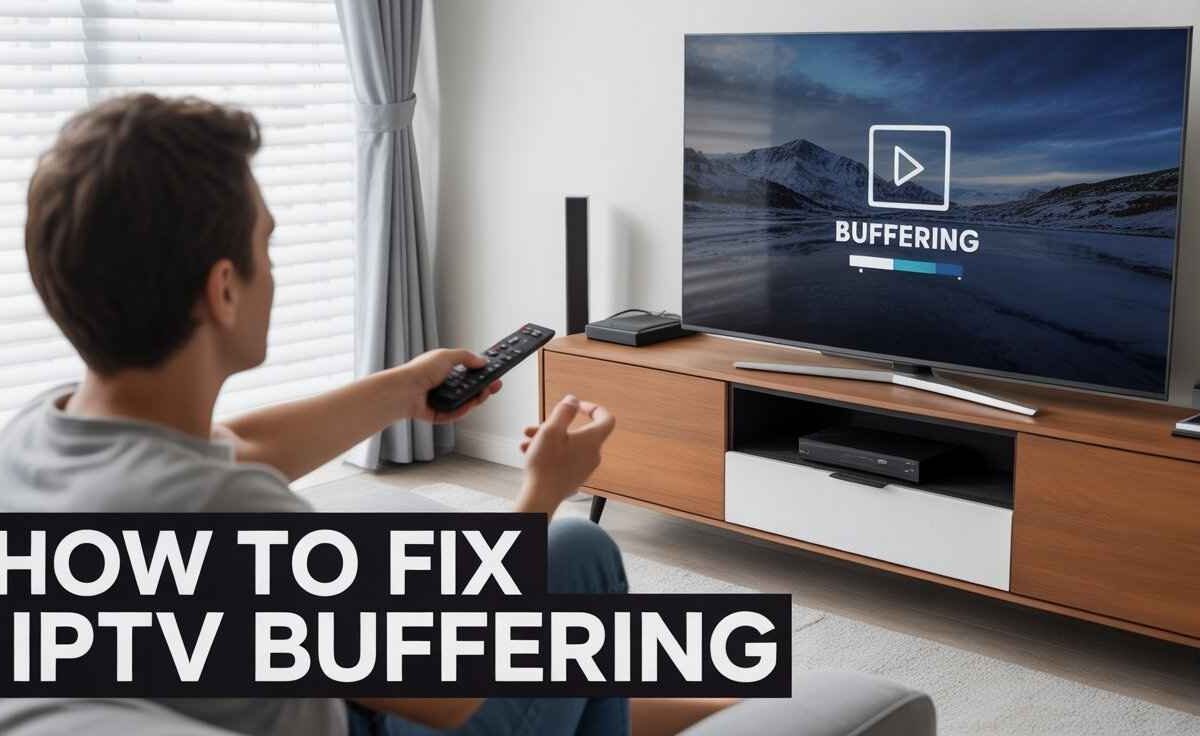 A man is sitting on a couch, holding a remote, and looking at a TV screen that shows a "BUFFERING" message. The text "HOW TO FIX IPTV BUFFERING" is prominently displayed at the bottom of the image.