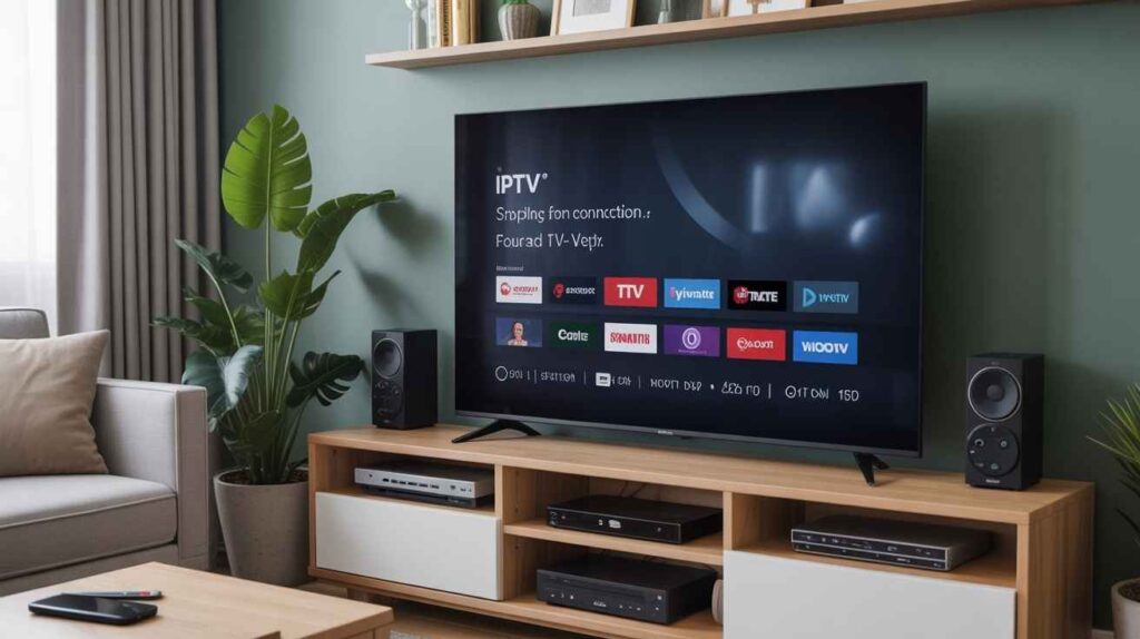 A TV displaying an IPTV streaming service menu with various app icons, set up in a modern living room on a media console between two speakers.