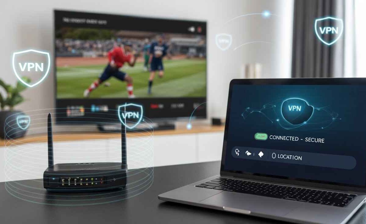 A modern living room setup features a laptop displaying a "VPN Connected - Secure" interface, a router, and a television playing sports content in the background. Digital shields with "VPN" text are overlaid, illustrating the security measures involved. This image directly demonstrates [How to Use IPTV with a VPN Safely].
