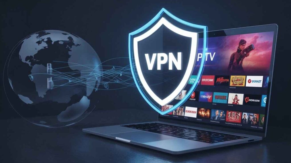 A stylized digital illustration shows a laptop displaying various IPTV streaming content, with a prominent glowing blue "VPN" shield overlaid, suggesting secure internet browsing. In the background, a globe with connecting lines illustrates global connectivity. This image visually represents [How to Use IPTV with a VPN Safely].