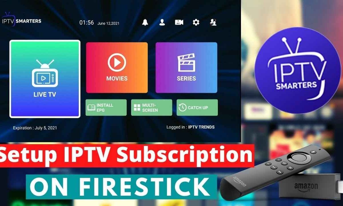 A television screen displays the home interface of the IPTV Smarters app with options like Live TV, Movies, and Series. In the foreground, an Amazon Firestick device and its remote rest on a table, all set against a large red banner that reads, "Setup IPTV Subscription ON FIRESTICK." This image provides context for troubleshooting the Smart IPTV App Not Working on Firestick.