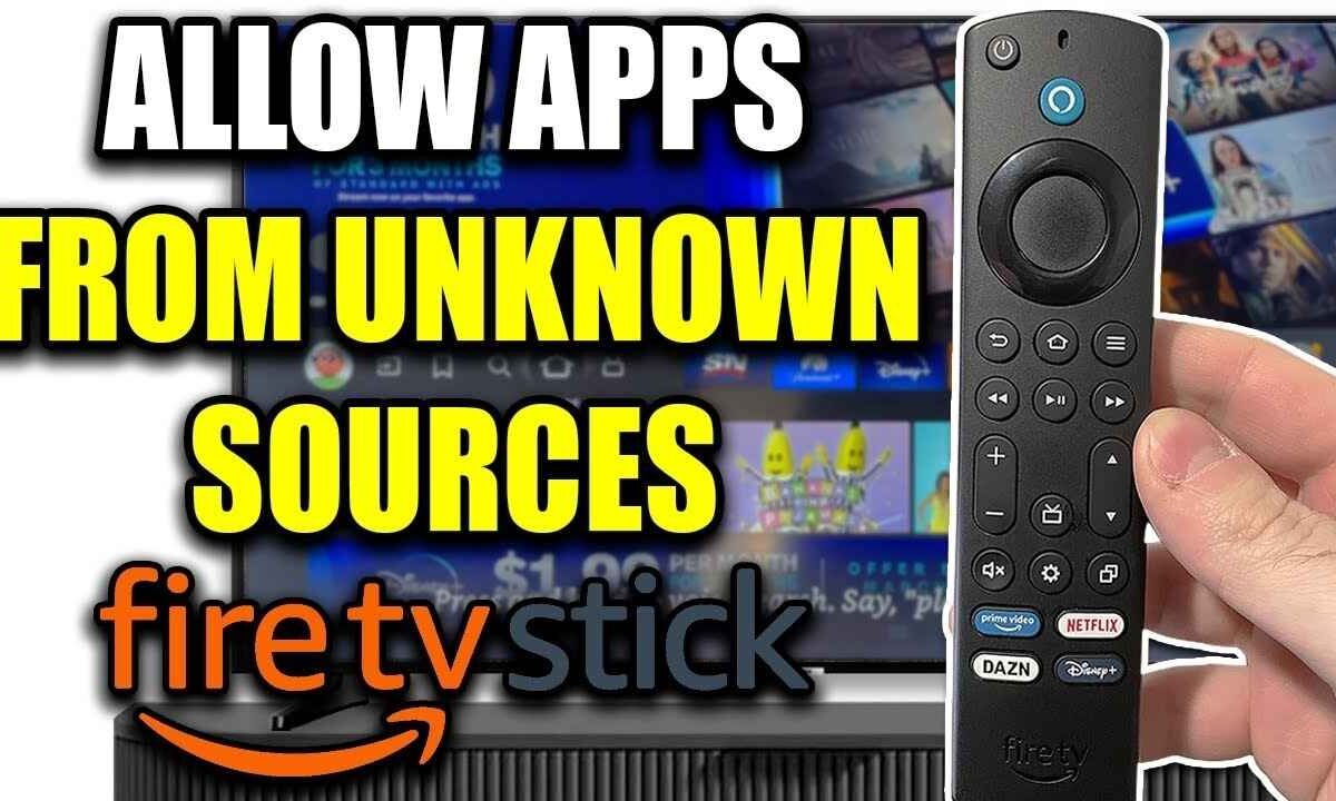 A person holding an Amazon Firestick remote control, with a TV screen in the background showing various app icons and bold text overlaid, reading "ALLOW APPS FROM UNKNOWN SOURCES firetvstick."