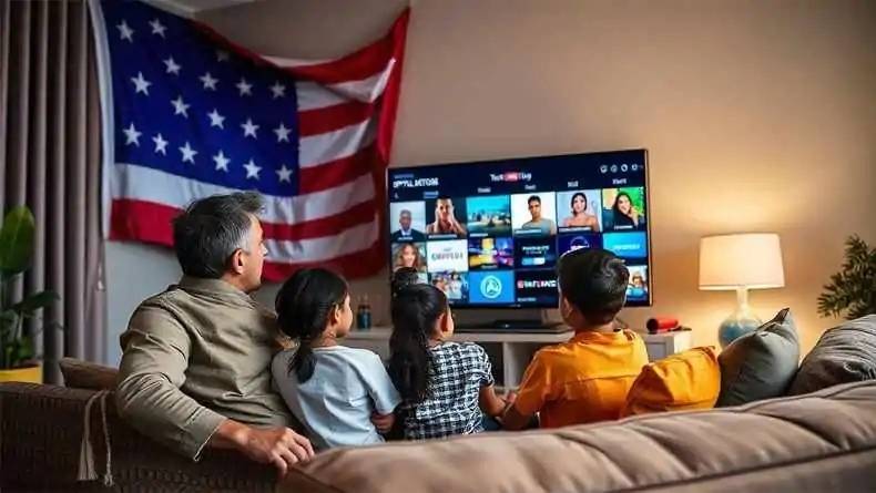 A family sits on a couch watching a large television screen displaying various international streaming services and channels, with a large American flag hanging on the wall behind them. [Best IPTV Plans for International Users]