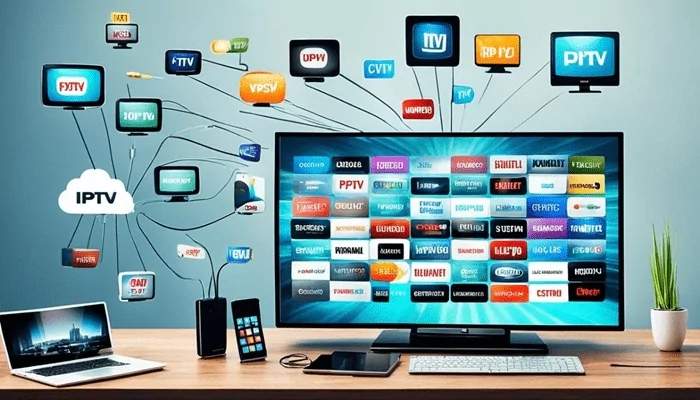 A graphic illustrating the concept of IPTV streaming. A central large monitor displays a grid of streaming app and channel logos. The screen is connected via thin lines to a laptop, mobile phones, and smaller floating TV screens, all showing various media icons and signals emanating from a central cloud labeled "IPTV." [Best IPTV streaming service for Firestick]