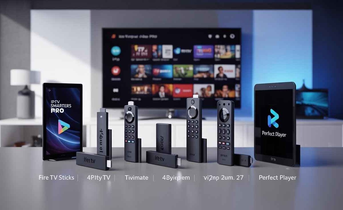 A sleek product comparison infographic titled [Best streaming devices for IPTV on your TV]. The image displays several streaming hardware options, including multiple Fire TV Stick style devices and remotes, next to tablets showing the logos for popular IPTV players like "IPTV Smarters Pro" and "Perfect Player." The overall design highlights the selection of hardware and software available for IPTV on a television.
