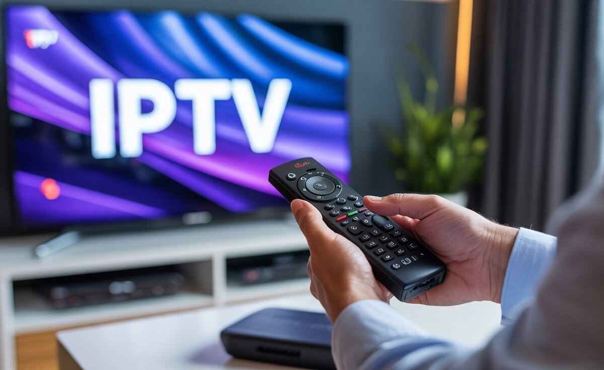 A person's hands hold a black remote control, pointing it toward a TV screen displaying the large, purple and white logo for "**IPTV**." This image is used to discuss the question: Do I Need a VPN for IPTV?