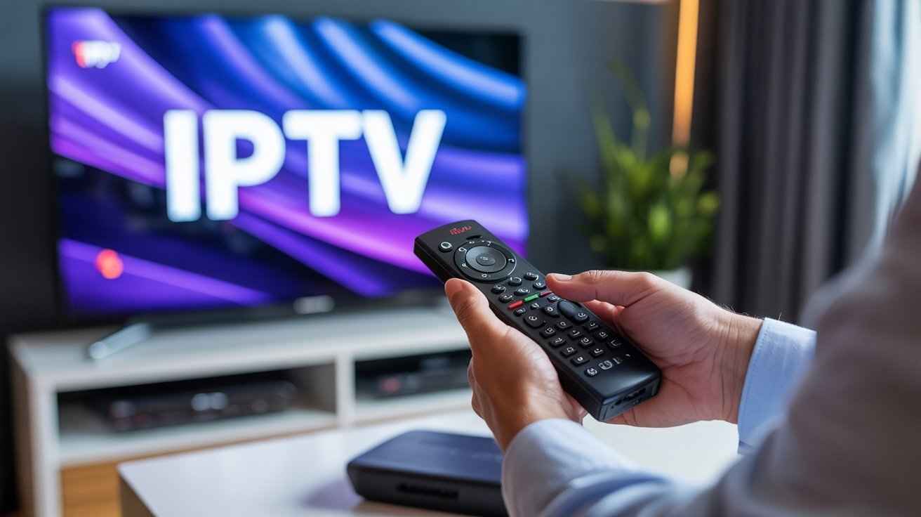 A person's hands hold a black remote control, pointing it toward a TV screen displaying the large, purple and white logo for "**IPTV**." This image is used to discuss the question: Do I Need a VPN for IPTV?