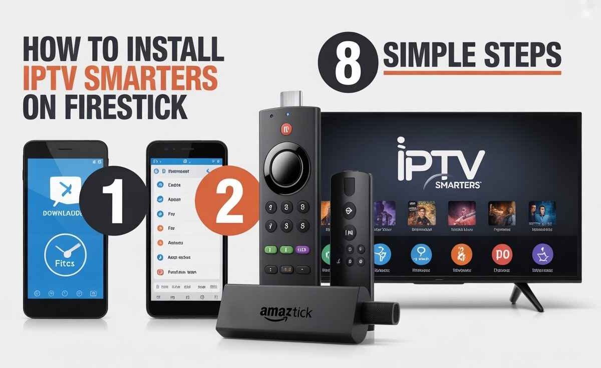 A graphic illustrating 8 simple steps for how to install IPTV Smarters on a Firestick. It shows two mobile phones labeled '1' and '2', a Firestick device, a Firestick remote control, and a TV screen displaying the IPTV Smarters interface.