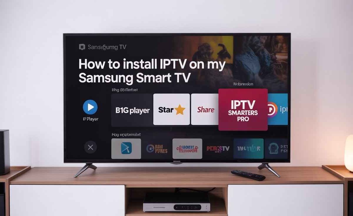 A Samsung Smart TV displayed on a media console, showing the screen with the title "How to install IPTV on my Samsung Smart TV" and several app icons, including "IPTV SMARTERS PRO."