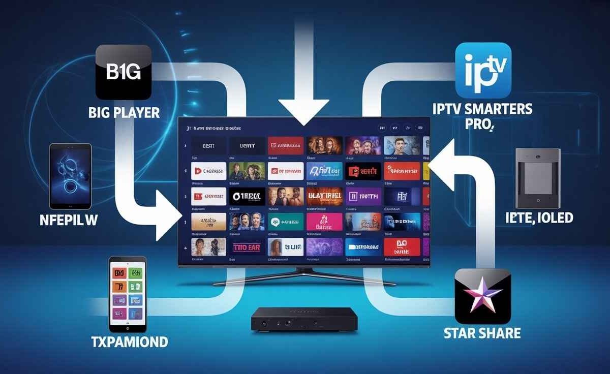 An informational infographic showing different devices and apps that connect to a TV screen displaying a media player interface. The surrounding elements include app icons like 'BIG PLAYER' and 'IPTV SMARTERS PRO,' and various device silhouettes. This graphic relates to the process of [How to Install TV Channels on IPTV] and connecting media sources to a central television display.