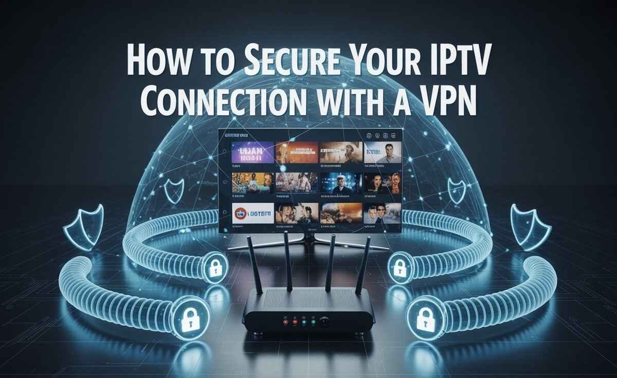 A digital illustration showing a secure network setup. A **VPN** router sits below a television screen displaying **IPTV** content tiles. The TV and router are enveloped by glowing blue, coiled security tunnels ending in padlock icons, emphasizing the text overlay: "**How to Secure Your IPTV Connection with a VPN**."