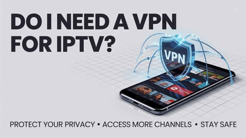 An infographic asking the question "**DO I NEED A VPN FOR IPTV?**" A smartphone lies flat, displaying various streaming tiles. A glowing, futuristic shield with the word "**VPN**" hovers over the phone, connected by blue network lines. Text below highlights the benefits: **PROTECT YOUR PRIVACY • ACCESS MORE CHANNELS • STAY SAFE**.Do I Need a VPN for IPTV? 