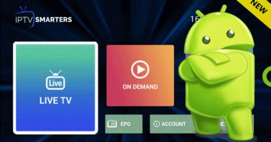 A screen capture from the IPTV Smarters Pro app's main dashboard on an Android TV, showing the large buttons for "Live TV" and "On Demand," with the green Android mascot visible in the background. [IPTV App Crashes on Android TV]