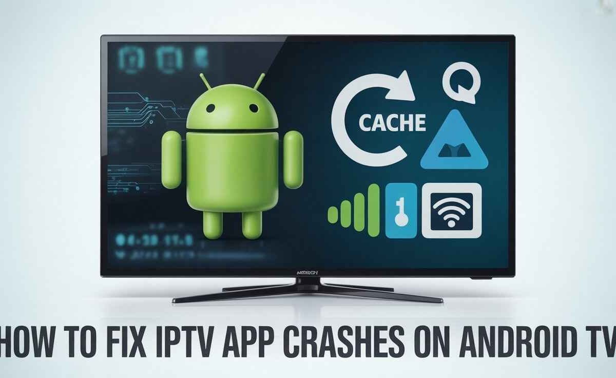 Alt Text: A television screen displaying the Android mascot (a green robot) next to graphics representing a circular "Clear Cache" arrow, Wi-Fi signal, and signal strength bars. The text at the bottom reads, "HOW TO FIX IPTV APP CRASHES ON ANDROID TV." [IPTV App Crashes on Android TV]
