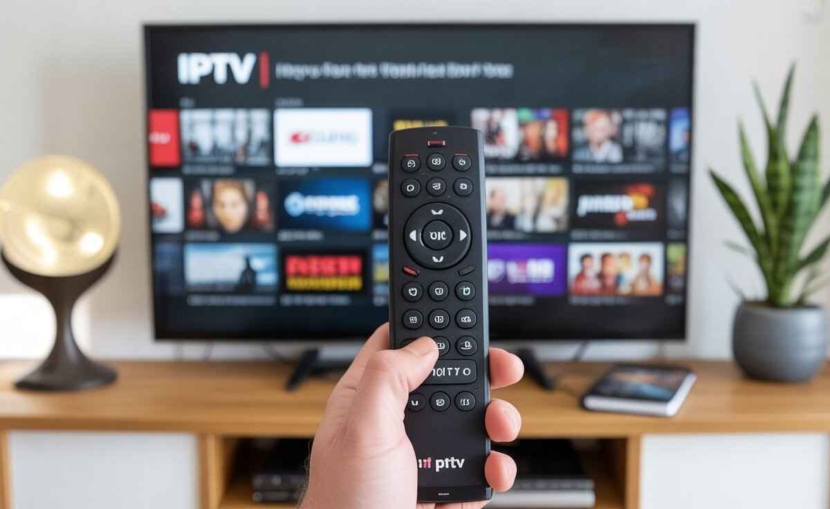 A hand holding a black remote control in front of a television screen that displays an IPTV application interface with various movie and show thumbnails. The image has a text overlay in the background that mentions "IPTV". [IPTV Free Trial Not Working on My TV]