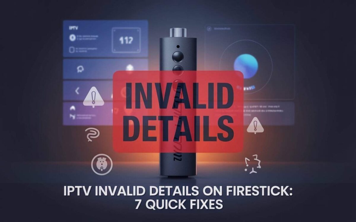 A technical troubleshooting graphic featuring a sleek black streaming stick device in the foreground. A large red overlay box across the center reads "INVALID DETAILS". The text at the bottom says "IPTV INVALID DETAILS ON FIRESTICK: 7 QUICK FIXES." The background shows a digital dashboard with warning icons. [IPTV Invalid Details on Firestick]