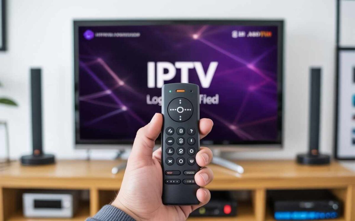 A hand holding a black remote control in front of a television displaying the text "IPTV Logged Failed" or "IPTV Login Failed." [IPTV login issues]