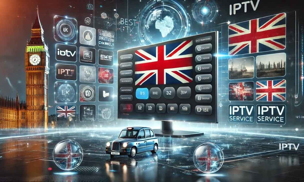 A futuristic, digital visualization showing a UK/Union Jack flag on a screen surrounded by various IPTV app logos, suggesting a service focused on British channels. [IPTV subscription blocked outside]