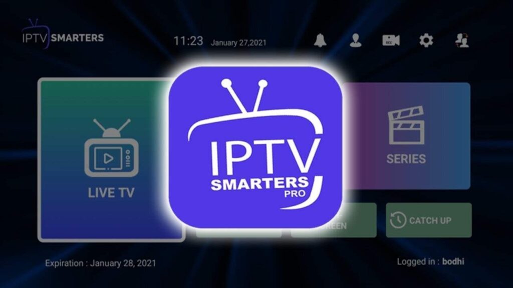 A screenshot of the IPTV Smarters Pro app interface on a TV, featuring a glowing, large purple icon with a white TV and text "IPTV SMARTERS PRO" over the main menu options, which include "LIVE TV," "SERIES," and "CATCH UP." The current date and time are displayed at the top.[How to install IPTV Smarters on Firestick]