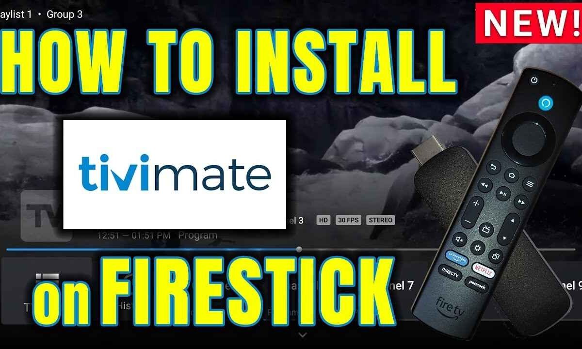 A television screen with a yellow overlay that reads "HOW TO INSTALL tivimate on FIRESTICK" next to a Fire TV remote. [Install TiviMate Companion on Firestick]