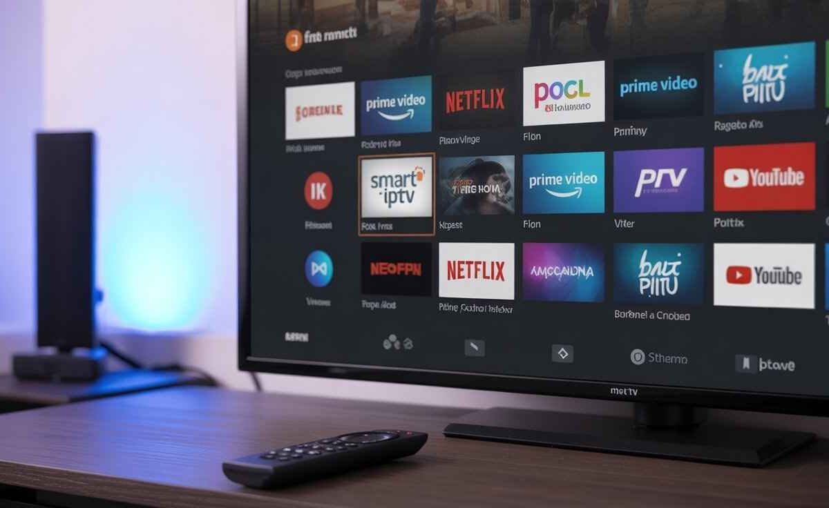 A television screen displaying the Firestick home screen grid of applications. Prominent app tiles include Prime Video, Netflix, YouTube, and a central tile labeled "Smart IPTV." A black Firestick remote control rests on the entertainment center in the foreground. [Smart IPTV App Not Showing on Firestick]