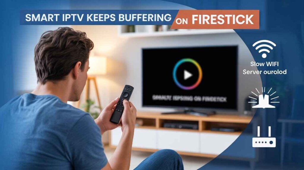 An infographic titled "SMART IPTV KEEPS BUFFERING ON FIRESTICK - FIX YOUR STREAMING ISSUES FAST." The graphic shows a television screen with a video buffering and highlights common causes and solutions using icons, including poor Wi-Fi signal, server issues, clearing cache/storage, and restarting the device/network.