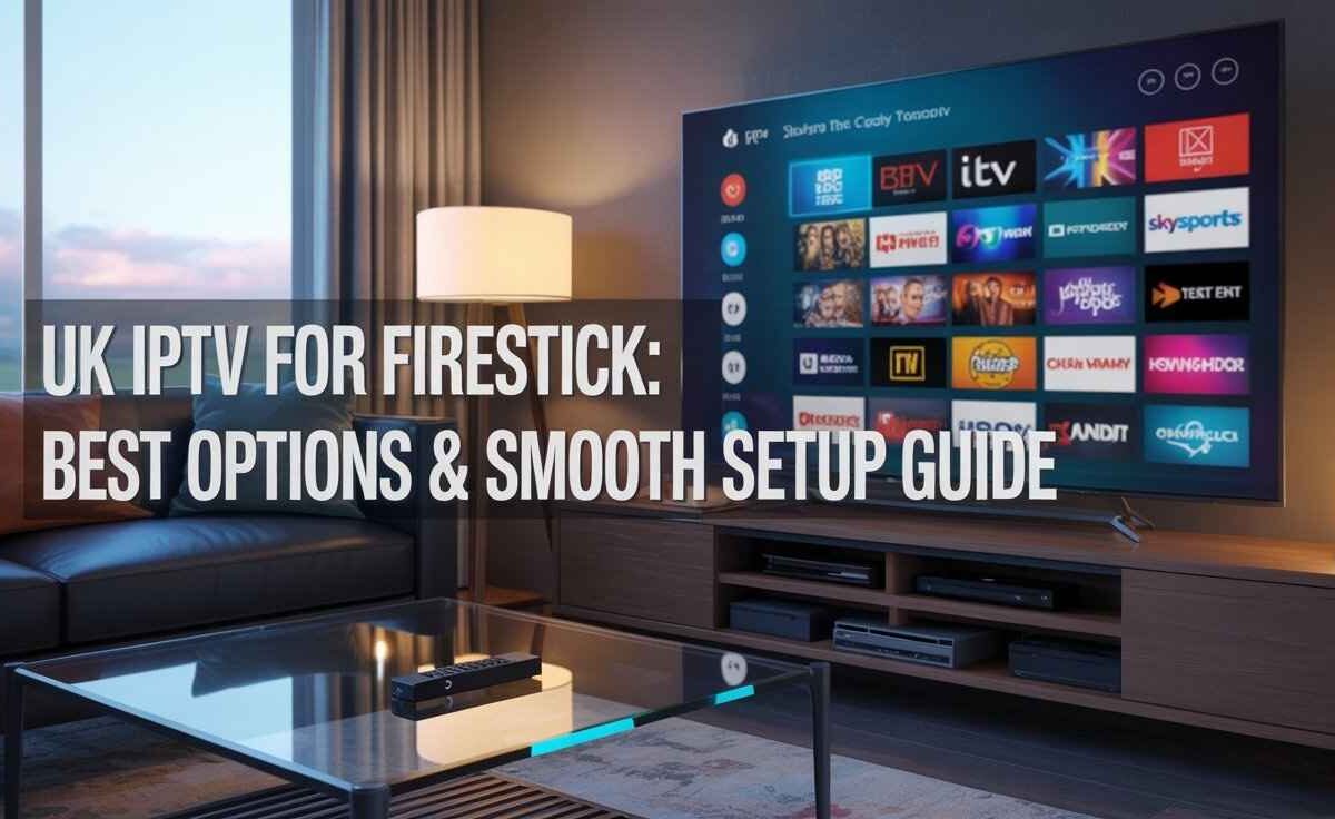 A modern living room with a large television displaying a UK IPTV channel lineup, along with the text "UK IPTV FOR FIRESTICK: BEST OPTIONS & SMOOTH SETUP GUIDE."