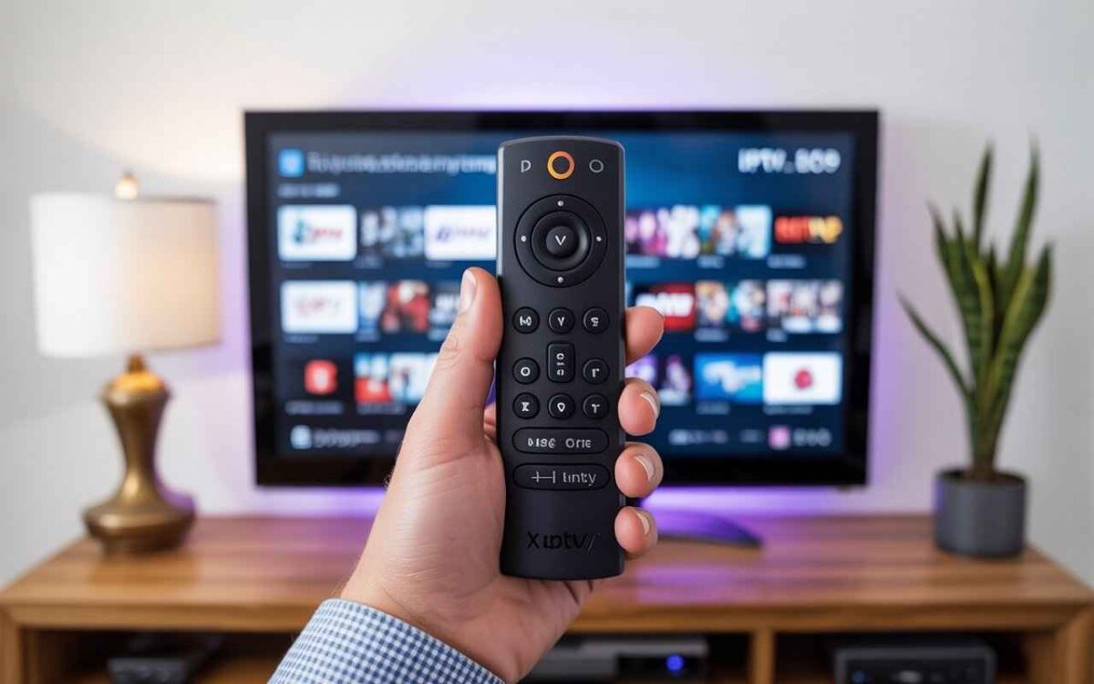 A close-up shot of a hand holding a black remote control, labeled "XIPTV," in front of a television screen that displays an IPTV app interface with various video thumbnails. The TV background features a lamp and a potted plant. [What URL Do You Use for IPTV Smarters on Firestick]