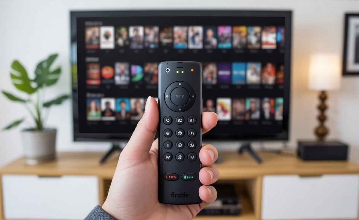 A close-up shot of a hand holding a black remote control labeled "firstiv" in front of a TV screen that displays a grid of streaming movie and TV show thumbnails. [What is Best Recorder for IPTV on Firestick]