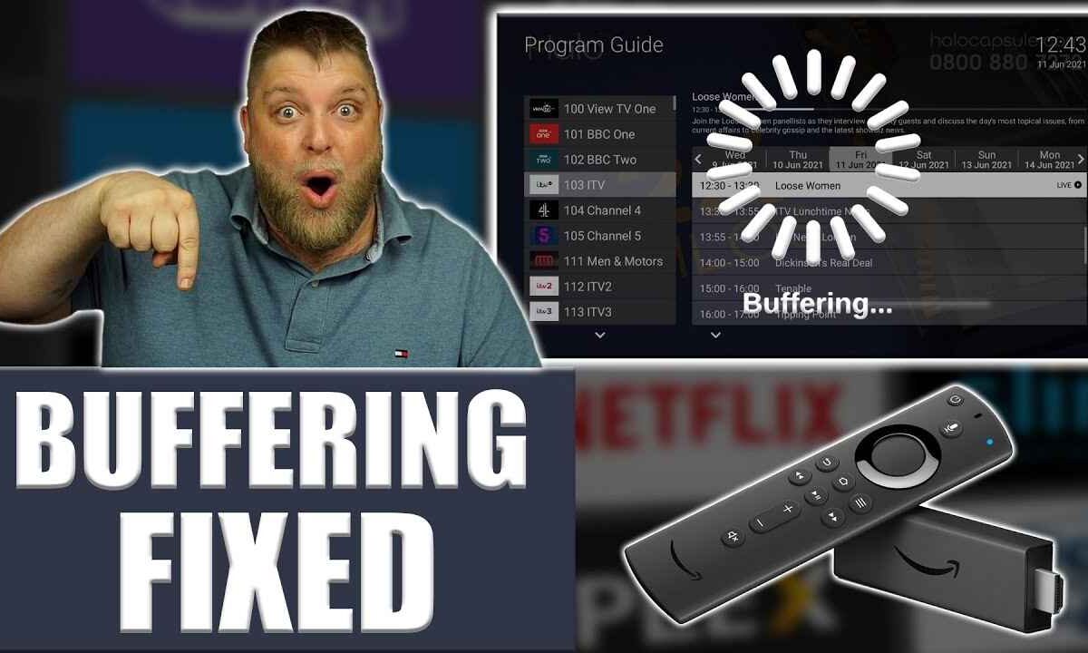 An image with a surprised man pointing at a TV screen that says "**Buffering...**" over a program guide. The text overlay reads "**Why Is My Firestick Buffering**" and "**BUFFERING FIXED**" with a Firestick remote and device in the foreground.