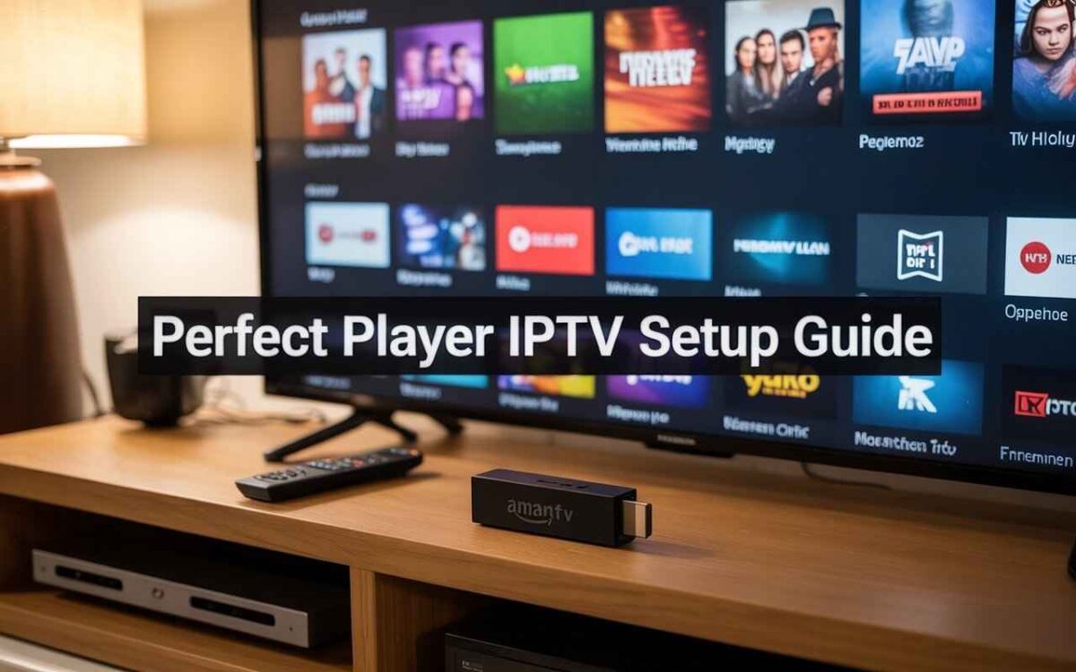 A TV screen showing a streaming app interface and a Firestick plugged into the TV, illustrating the guide to [Install Perfect Player IPTV on Firestick].